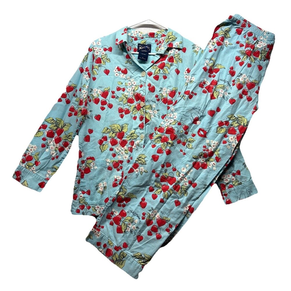 Nick & Nora Small 100% Cotton Strawberry Kiss Pajama Set LS Long Pants